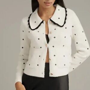 Anthropologie White Cardigan Sweater with Black Trim and Dots